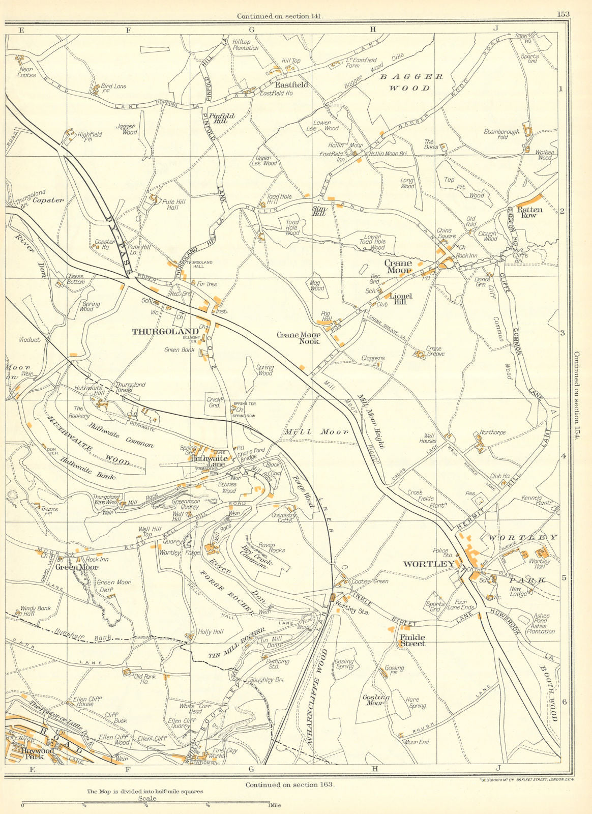 THURGOLAND Wortley Stocksbridge Crane Moor Bagger Wood Finkle Street 1935 map